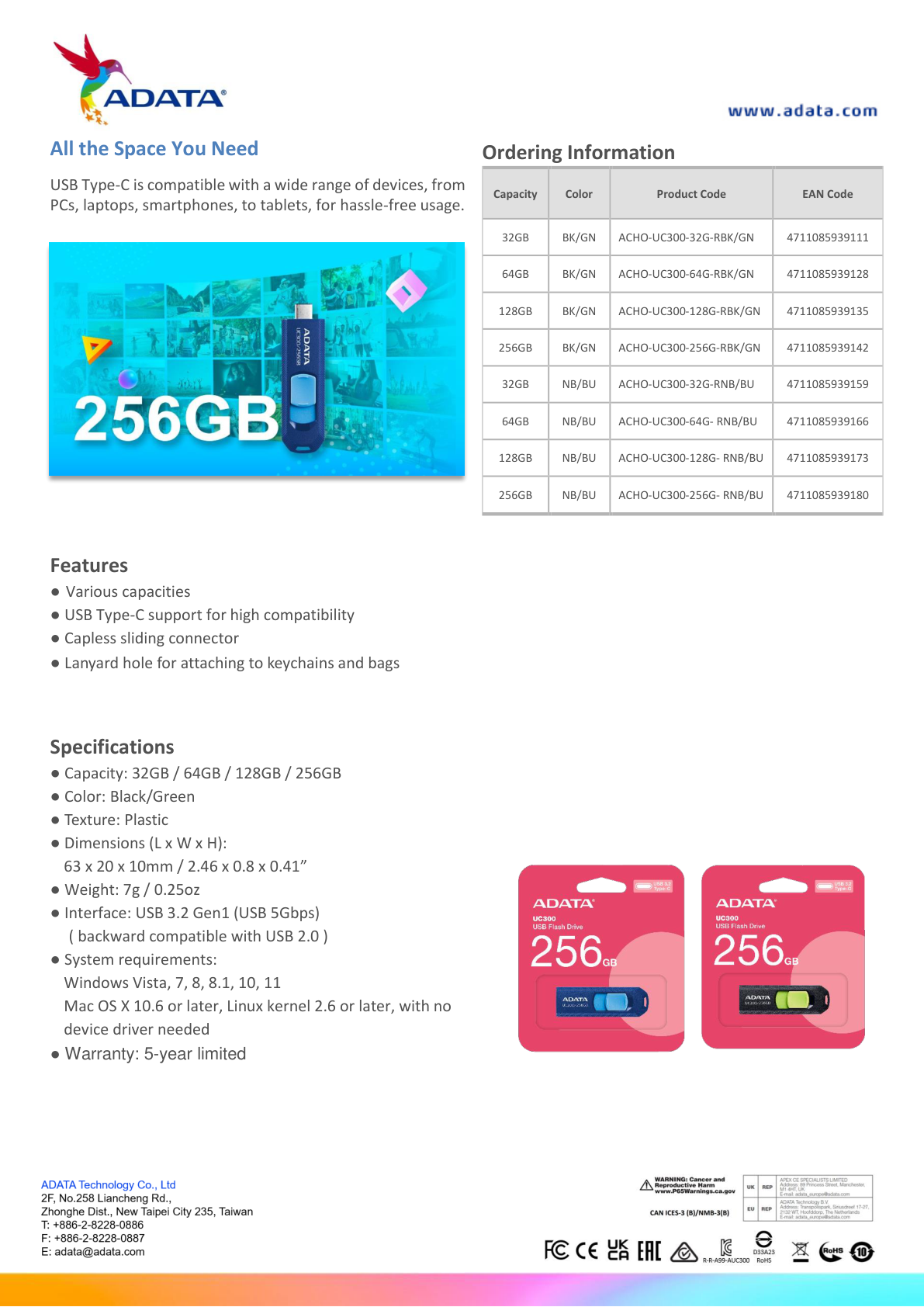 Memoria ADATA 128GB USB-C CHOICE UC300 3.2 Azul marino con Azul claro ACHO-UC300-128G-RNB/BU