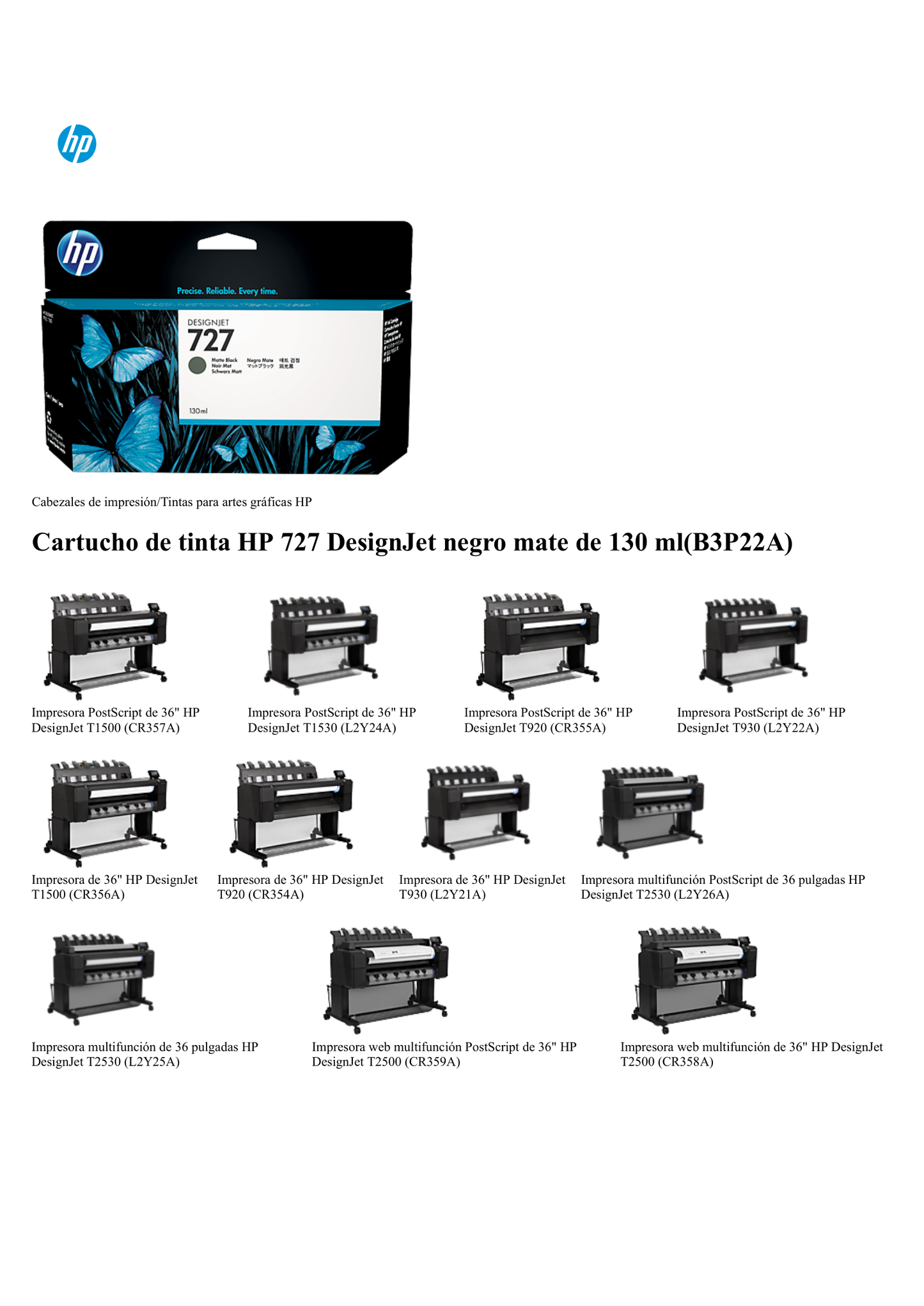 TINTA HP LF 727 B3P22A NEGRO MATE DesignJet T1500 /T2500/T920 130ML