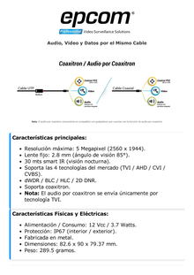 AUDIO POR COAXITRON / Turret TURBOHD 5 Megapixel / Angulo de vision 85.5° / Lente 2.8 mm / 30 mts IR EXIR / Exterior IP67 / 4 Tecnologías / dWDR