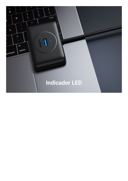 HUB USB-A 3.0 4 en 1 | 4 Puertos USB-A 3.0 (5Gbps) | Entrada USB-C (PD 5V2A) | Cable de 1 Metro | Indicador Led | Ideal para Transferencia de Datos | Entrada USB-C para alimentar equipos de mayor consumo | Color Negro.