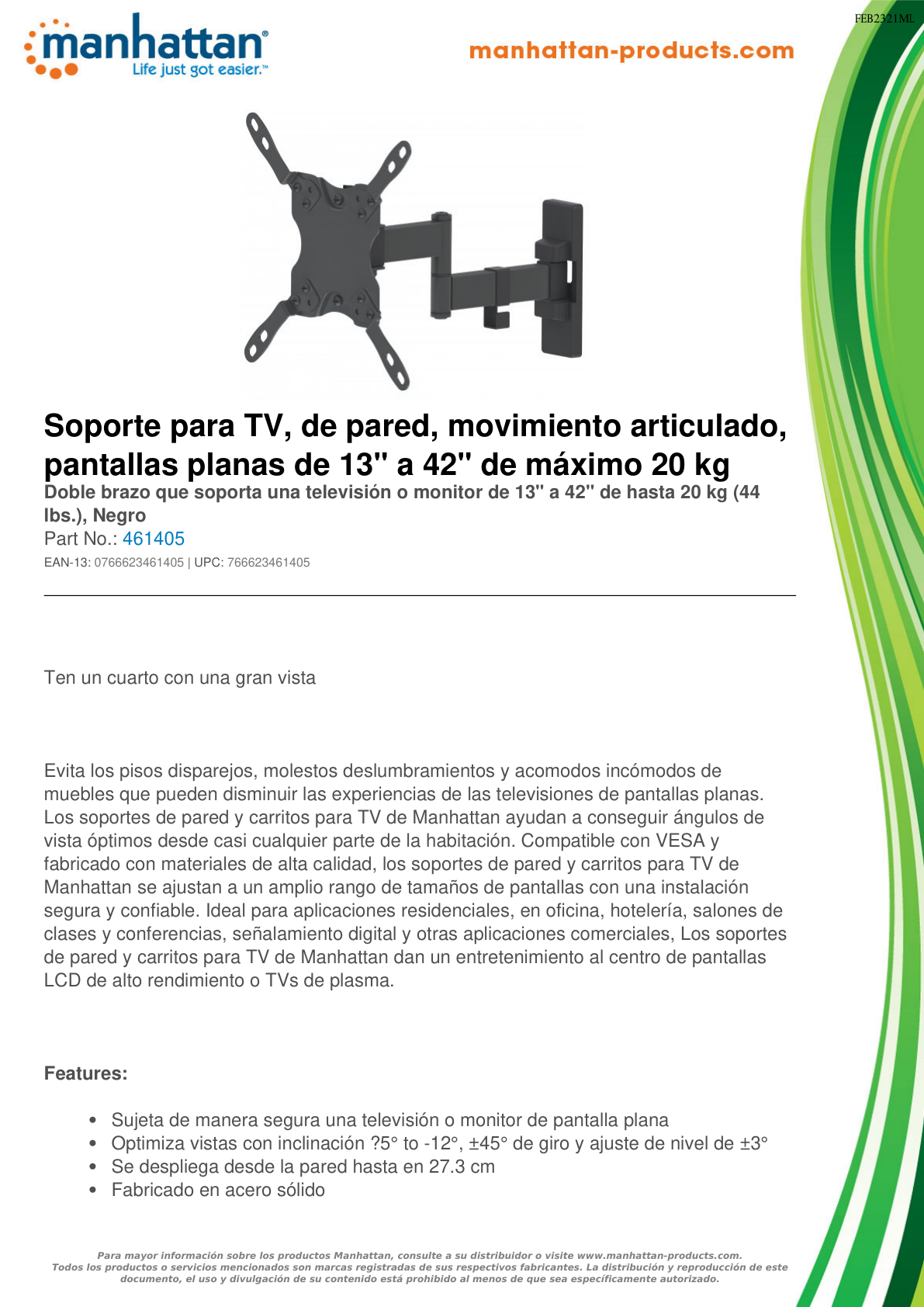 SOPORTE MANHATTAN PARA TV 13 A 42 PULG PARED 20KG ARTICULADO DOBLE BRAZO PANTALLAS PLANAS 461405