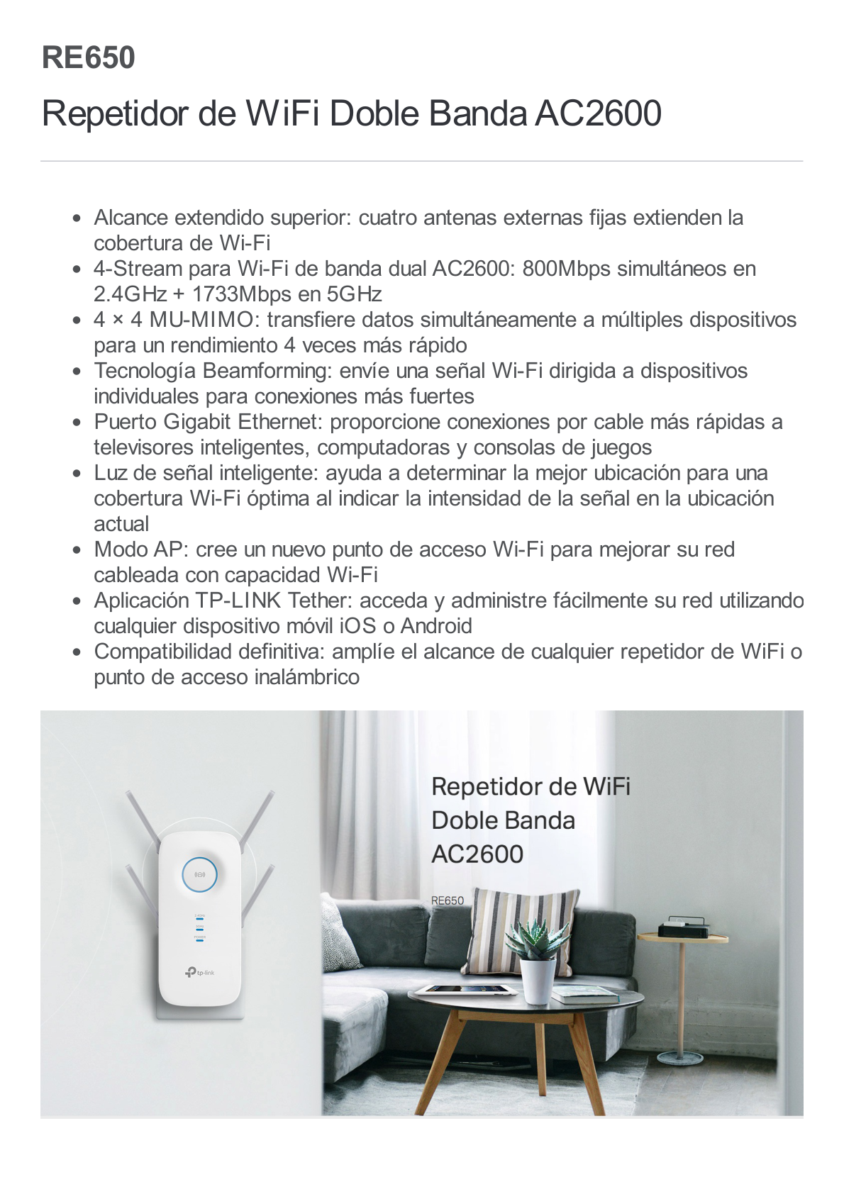 Repetidor / Extensor de Cobertura WiFi AC, 2600 Mbps, doble banda 2.4 GHz y 5 GHz, con 1 puerto 10/100/1000 Mbps, 4 antenas externas