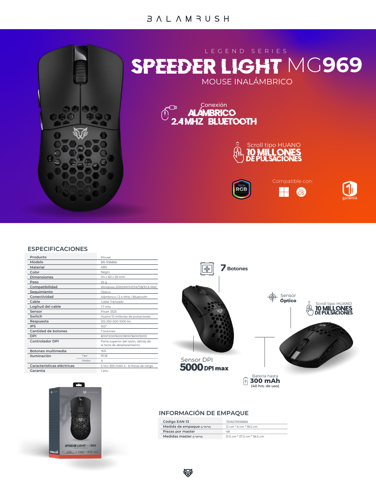 Mouse Balam Rush Speeder Light MG969 Negro Inalámbrico/Bluetooth Caratula ultra ligera Recargable Tipo C 300mAh 5000DPI Iluminación Led 6 Botones