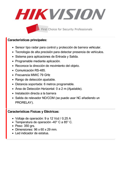 Sensor de Presencia para Acceso Vehicular / Radar de Entrada y Salida / Evita que Baje la Barrera Vehicular / Salida COM y NO