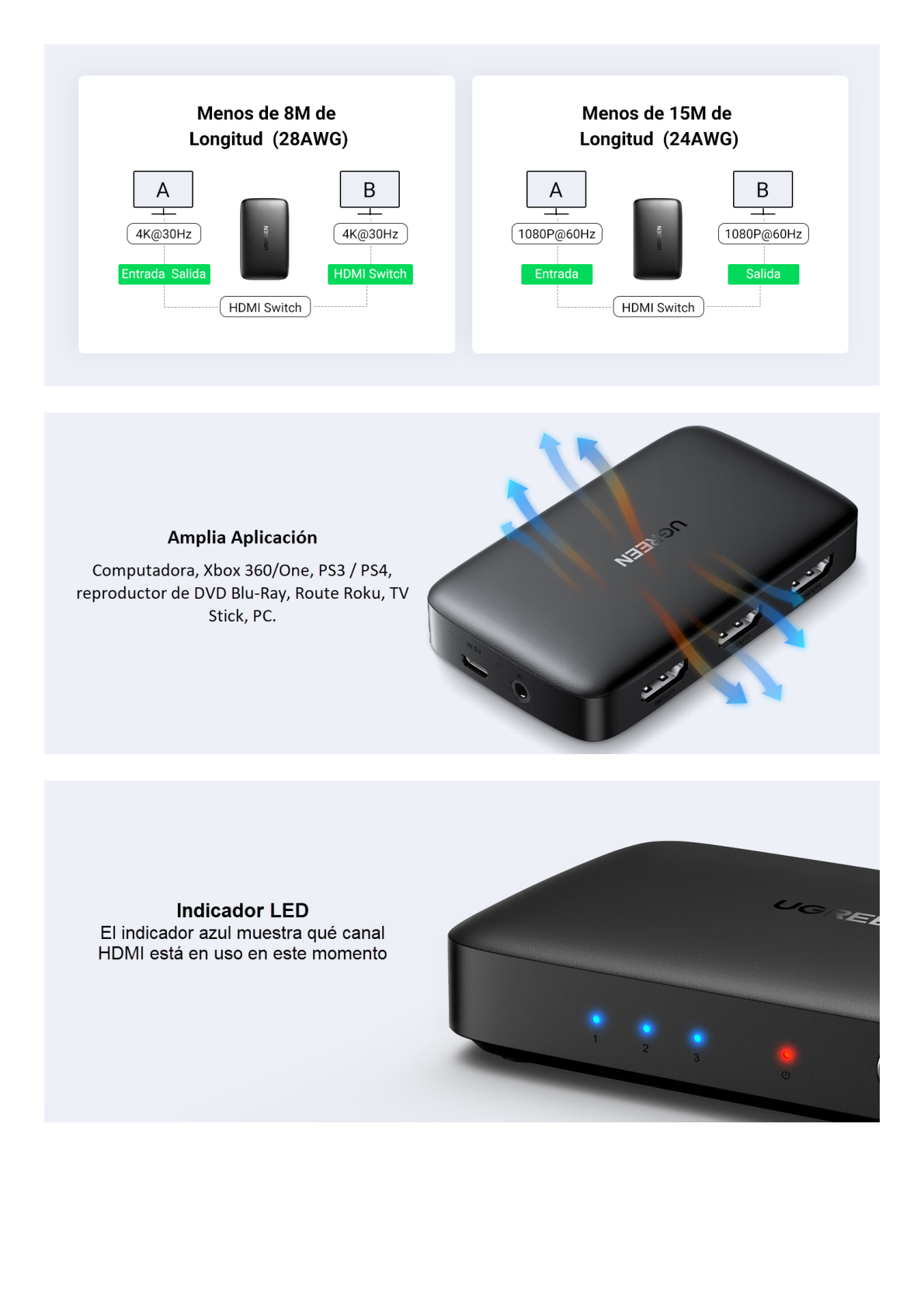 Conmutador HDMI (Switch) 4K@30Hz | 3 Entradas a 1 Salida | 3D | Transmisión Estable | Incluye Control Remoto | Receptor de Infrarrojos | Indicador LED | Chip Inteligente | Incluye Cable Micro USB para Alimentación.