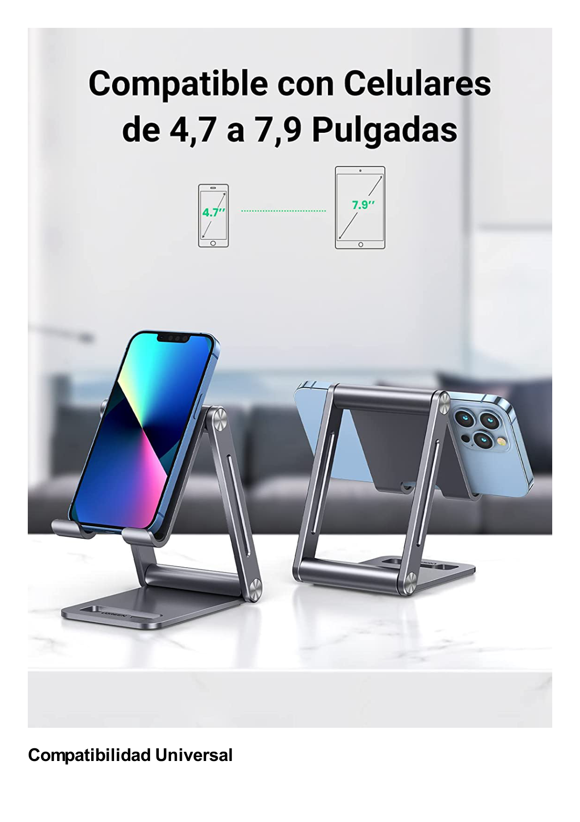 Soporte para Teléfono Celular de Aluminio / Angulo Ajustable / Amplia Compatibilidad con dispositivos de 4.7'' a 7.9'' / Antideslizante / Antiarañazos / Plegable / Color Gris