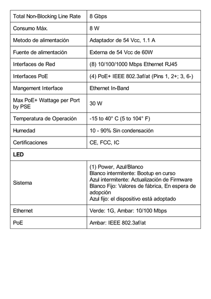 Switch UniFi Lite Administrable PoE de 8 Puertos 10/100/1000 Mbps (4 puertos 802.3af/at), 52 W