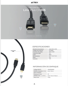 CABLE ACTECK HDMI A HDMI LINX PLUS 205 1.5M + HIGH SPEED 10.2GBPS + ARC + EHTERNET + CALIBRE 32 AWG 4K