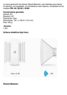 Antena sectorial asimétrica tipo HORN de 90 grados de apertura de 13 dBi, 5 GHz (5.150 - 5.850 MHz) para equipos PrismStation e IsoStation