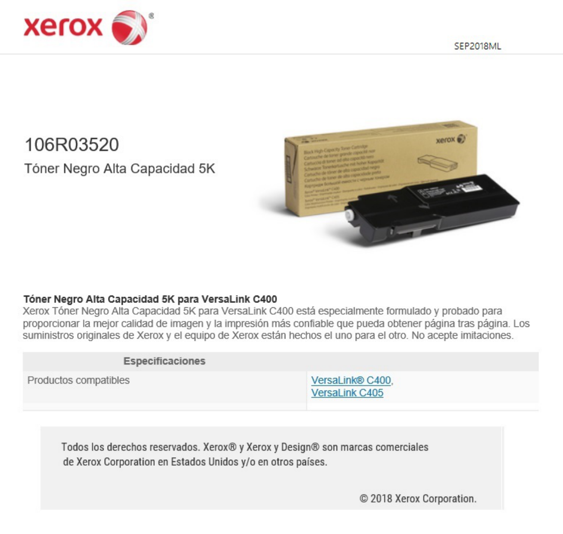 TONER XEROX 106R03520 NEGRO ALTA CAPACIDAD VERSALINK C400/C405 (5 000 PAG)