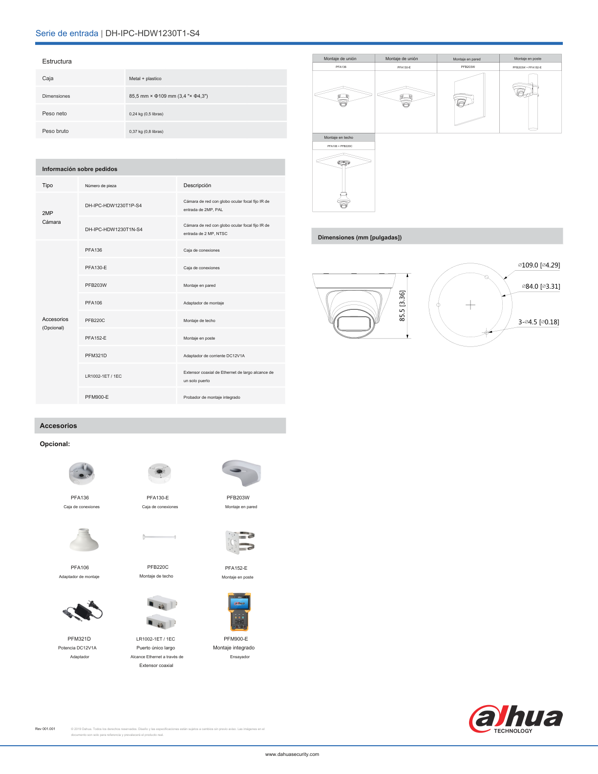 Camara Dahua DH-IPC-HDW1230T1N-0280B-S4 IP domo 2 mpx lente 2.8 mm IR 30 m metalica 105 gds ranura microsd  wisense PoE IP67