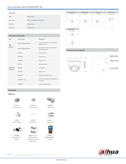 Camara Dahua DH-IPC-HDW1230T1N-0280B-S4 IP domo 2 mpx lente 2.8 mm IR 30 m metalica 105 gds ranura microsd  wisense PoE IP67