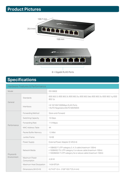 Switch TP-Link Omada Easy Smart DS108GE metálico de escritorio 8 puertos gigabit 10/100/1000Mbps NO COMPATIBLE CON Omada SDN