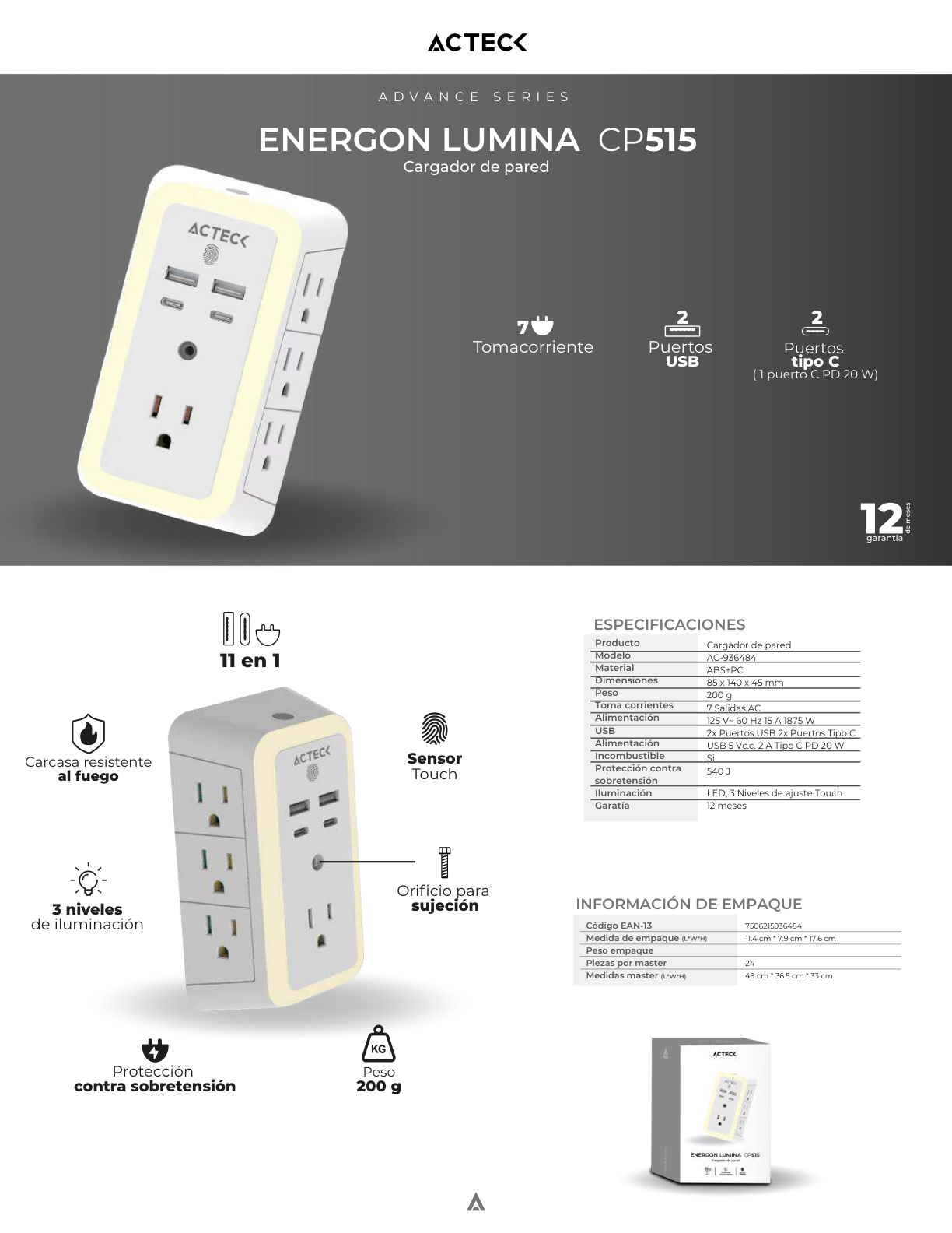 Supresor de picos Multicontacto de pared Acteck Energon Lumina CP515 PD 20W 7 Conectores de corriente con iluminación