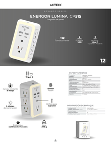 Supresor de picos Multicontacto de pared Acteck Energon Lumina CP515 PD 20W 7 Conectores de corriente con iluminación