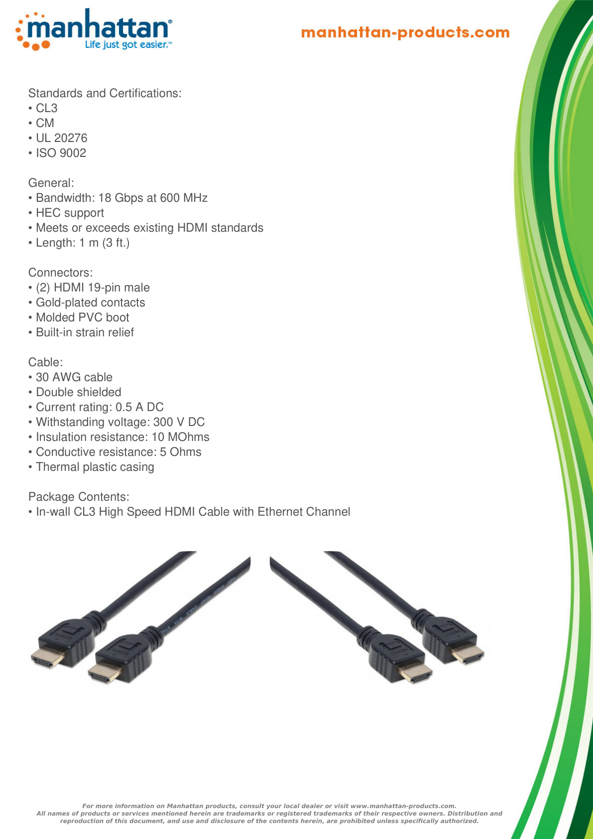 Cable Manhattan HDMI 2.0 1M Intramuro M-M p/Pared 4K@60Hz