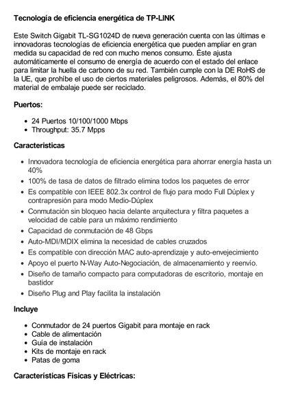 Switch Gigabit no administrable de 24 puertos 10/100/1000 Mbps para escritorio/rack