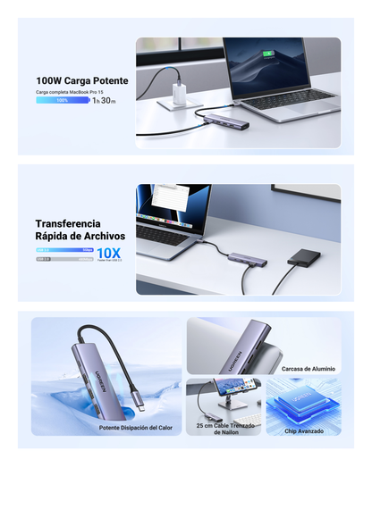 HUB USB-C (Docking Station) 5 en 1 | HDMI 2.0 4K@30Hz | 3 USB-A 3.0 (5Gbps) | USB-C PD Carga 100W | Potente Disipación de Calor | Chip de Ultima Generación | Cable de Nylon Trenzado de 25 cm | Carcasa de Aluminio.