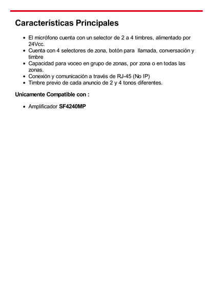 Micrófono a Distancia de 4 Zonas para Sistema de Voceo SF4240MP │ No compatible con SF4240UC o SF2240UC