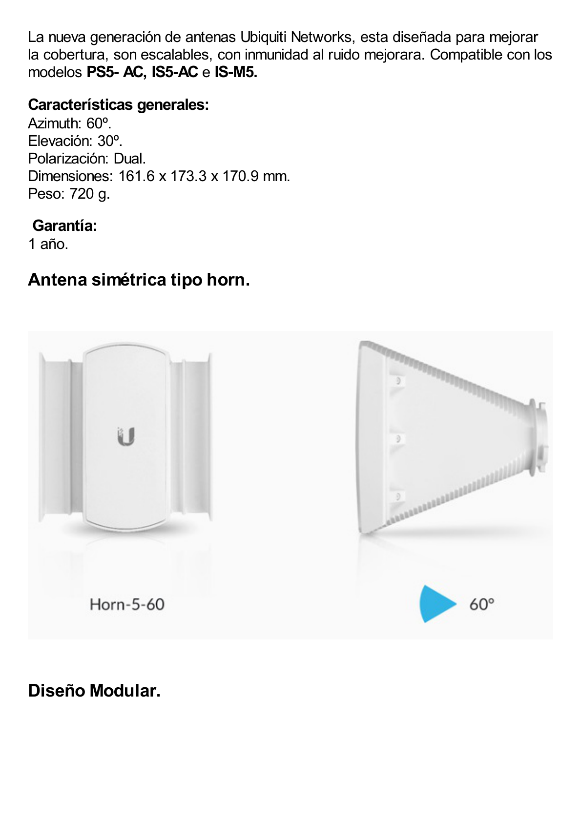 Antena sectorial asimétrica tipo HORN de 60 grados de apertura de 16 dBi, 5 GHz (5.150 - 5.850 MHz) para equipos PrismStation e IsoStation