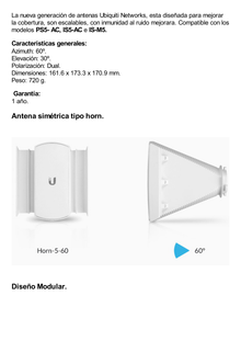 Antena sectorial asimétrica tipo HORN de 60 grados de apertura de 16 dBi, 5 GHz (5.150 - 5.850 MHz) para equipos PrismStation e IsoStation