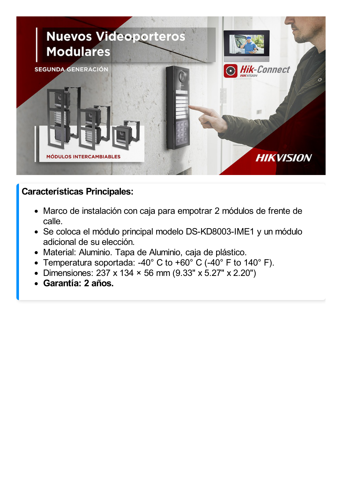 Base de 2 Espacios para EMPOTRAR Módulos de Videoporteros Hikvision