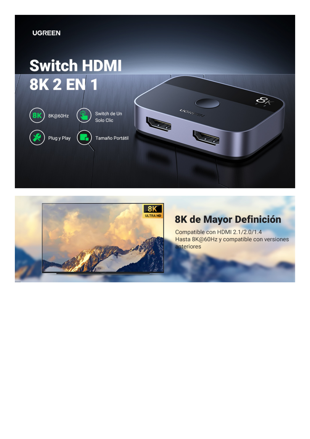 Conmutador HDMI 2.1 8K @60Hz | HDMI Splitter 2 Entradas a 1 Salida | Soporta 4K @120Hz 1080P @240Hz 3D | HDR Dolby | Alta Velocidad 48Gbps | Formatos de Audio LPCM/DTS/DSD, 2,0/2,1/5,1/7,1 canales.