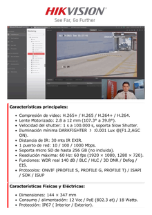 (Reconocimiento de Marca, Modelo, Color, Placa) Bala IP 4 Megapixel / Lente Mot. 2.8 a 12 mm / ANPR / Reconocimiento y Captura de Placas Vehiculares / WDR 140 dB / IP67 / IK10 / 50 mts IR EXIR