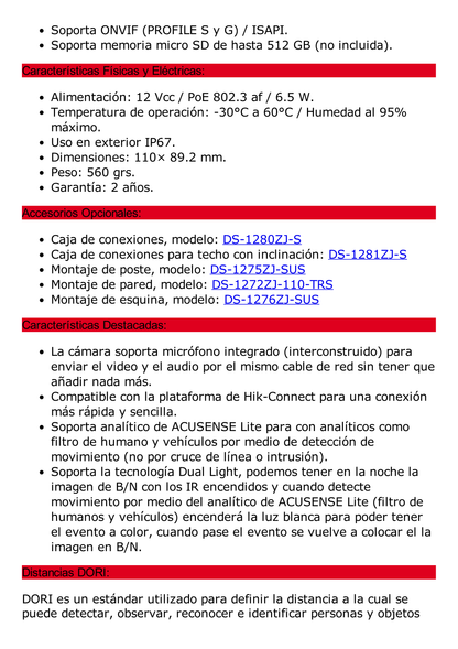 [Dual Light] Turret IP 6 Megapixel / Lente 2.8 mm / 30 mts IR + 30 mts Luz Blanca / Micrófono Integrado / ACUSENSE Lite / Exterior IP67 / H.265 / PoE / ONVIF / Micro SD