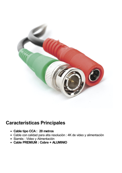 Cable coaxial ( BNC RG59 ) + Alimentación / SIAMÉS / 20 Metros / Aleación Cobre + Aluminio CCA / Para Cámaras 4K  / Uso interior y exterior