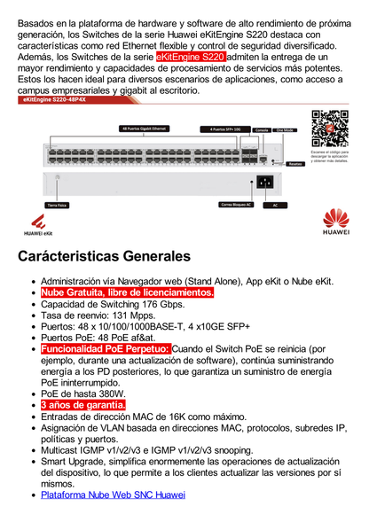 Switch Gigabit Administrable PoE Capa 2 / 48 puertos 10/100/1000 Mbps (PoE) / 4 Puertos SFP+ Uplink / 380W / PoE Perpetuo / Administración Nube Gratis