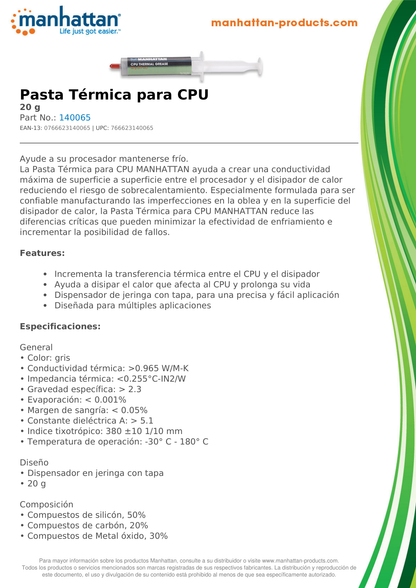 PASTA TERMICA Manhatan PARA CPU (JERINGA) 20G