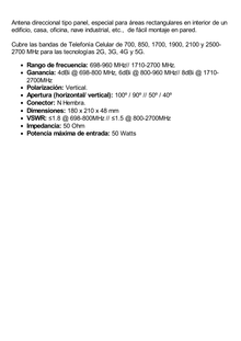 Antena direccional tipo Panel para interior/ Cubre 698-960 MHz, 1710-2700 MHz/ Ganancia 4-6 dBi, 8 dBi/ Conector N-Hembra/ Incluye montaje para pared.