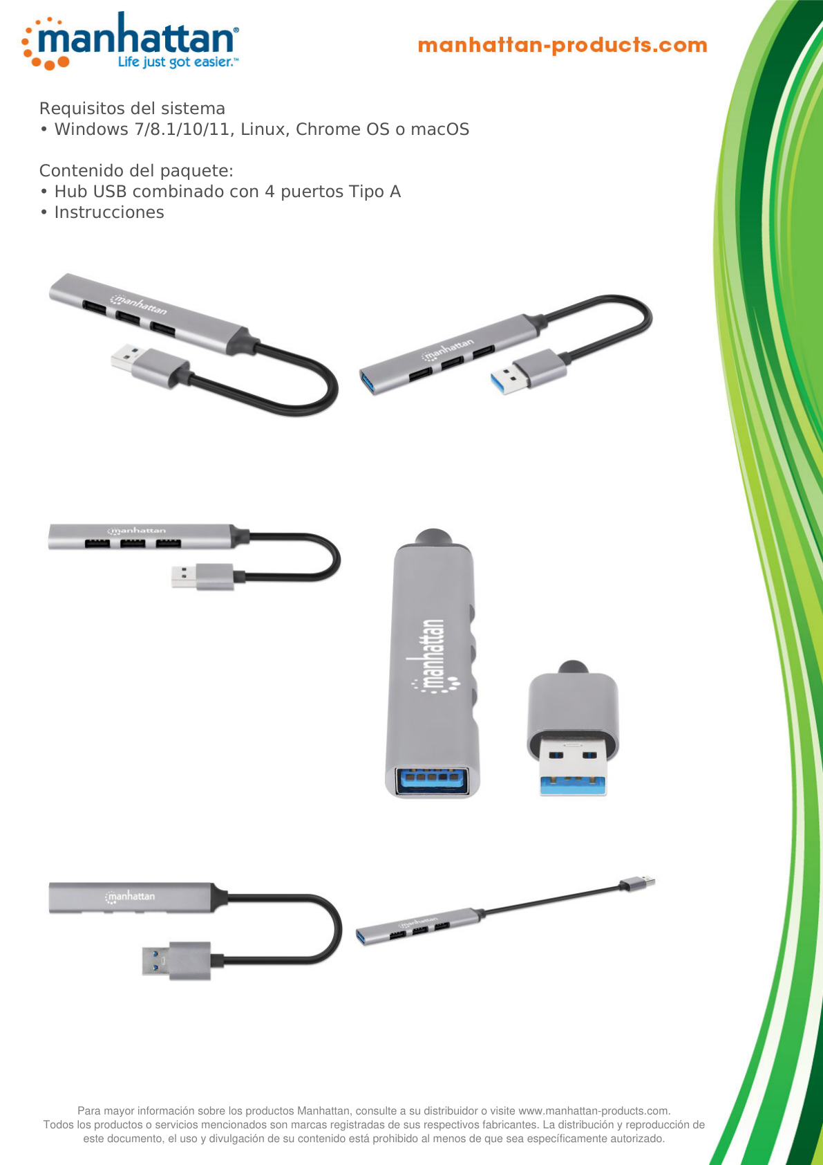 Hub Manhattan USB combinado 4 puertos tipo A USB 3.2 aluminio gris espacial