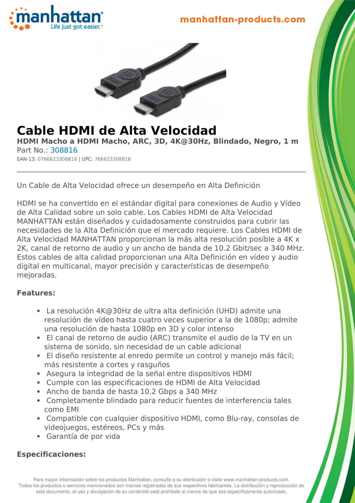 CABLE MANHATTAN HDMI 1.4 M-M  1M