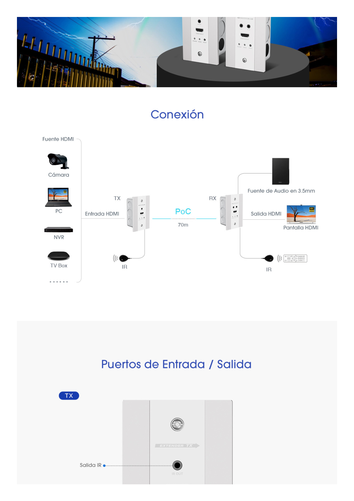 Kit Extensor HDMI en PLACAS DE PARED para distancias de 70 metros / Resolución 4K@60Hz / Cat 6/6A/ 7 / HDR/ IPCOLOR/ Cero Latencia / Soporta Control Remoto / Placa de pared de 2.74 x 4.49” (tamaño estándar de EE.UU.)