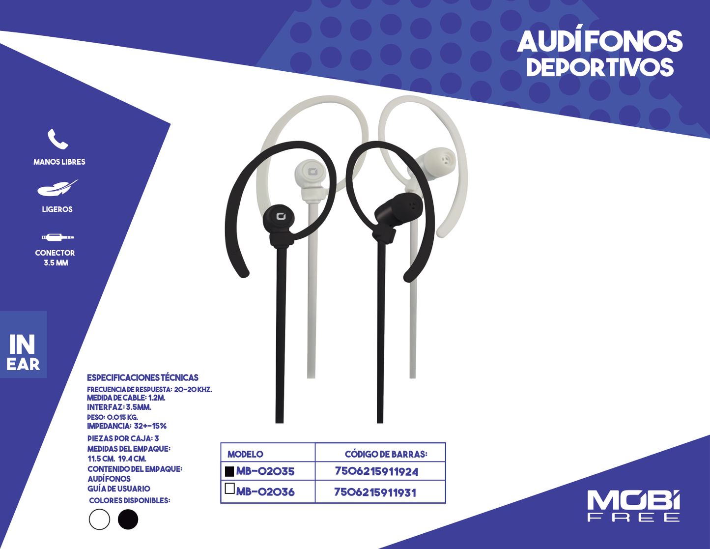 AUDIFONOS MOBI FREE ALAMBRICOS SPORT 3.5MM NEGRO MB-02035