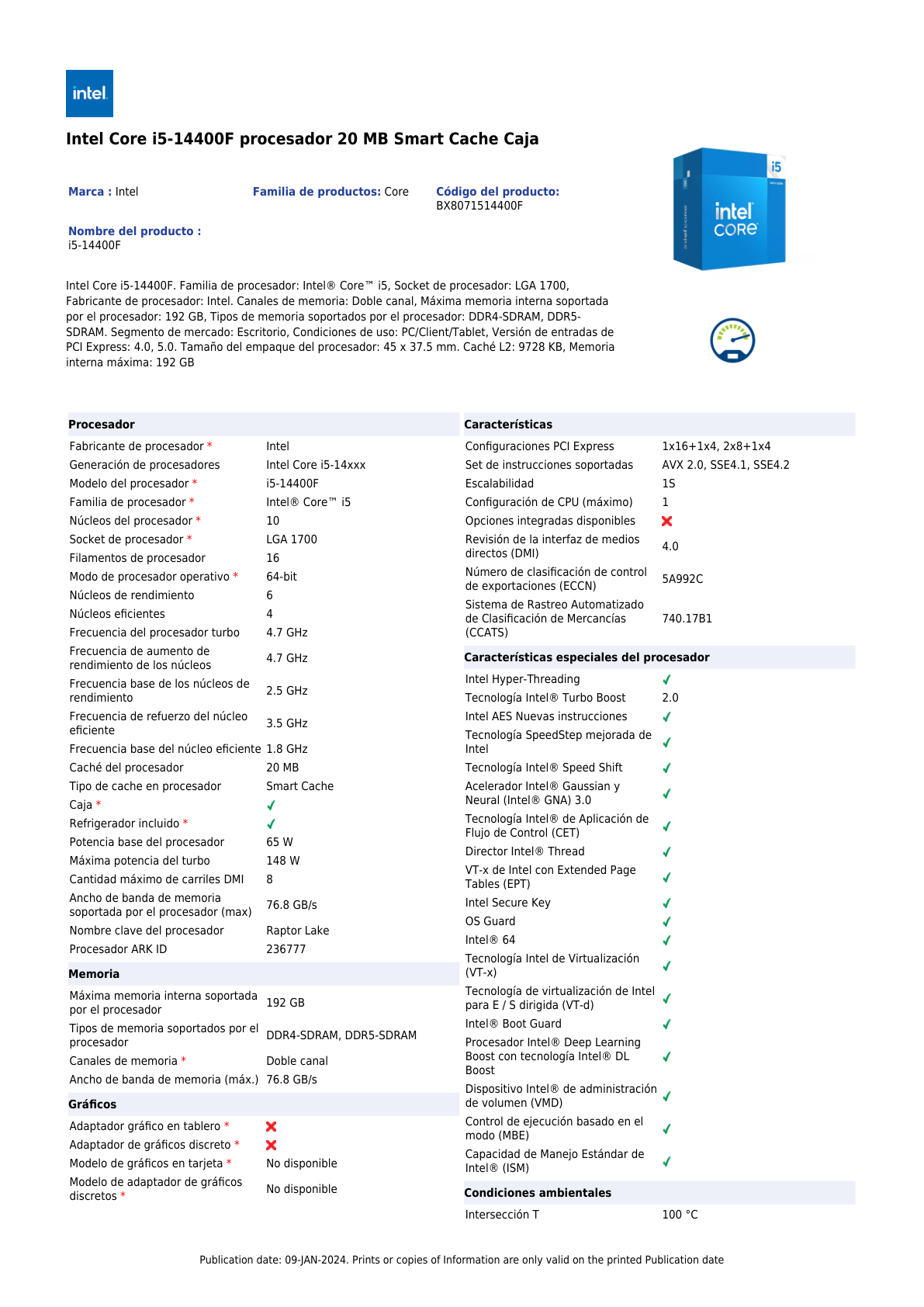 Procesador Intel Core i5-14400F con disipador sin graficos LGA 1700 14a Gen 10Core 2.5Ghz 65w