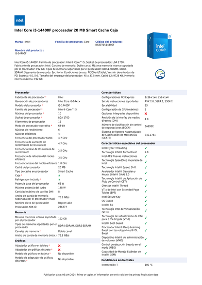 Procesador Intel Core i5-14400F con disipador sin graficos LGA 1700 14a Gen 10Core 2.5Ghz 65w