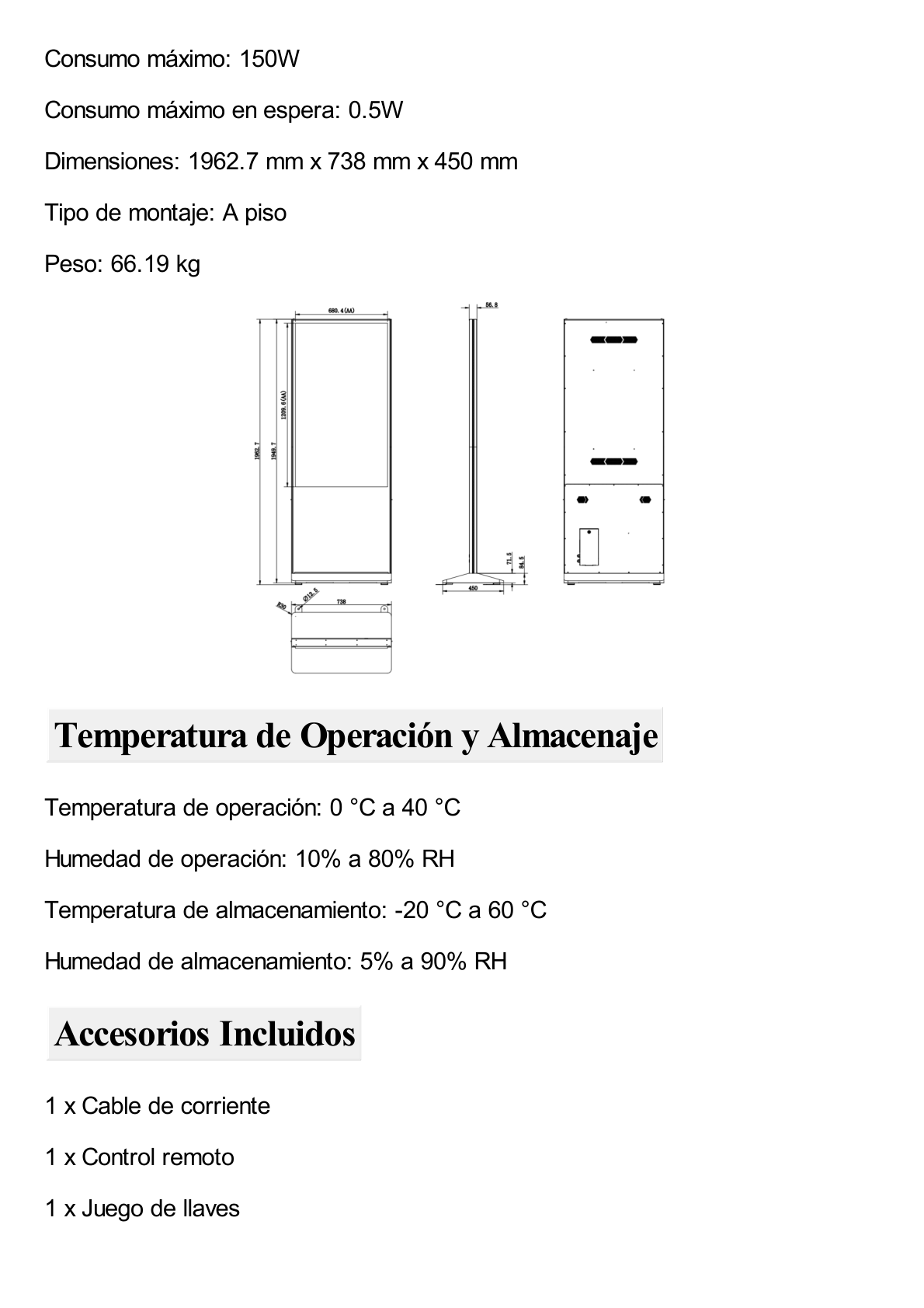 Pantalla de 55" 4K para Publicidad Digital / Base para Piso (Totem) / Puertos USB / Entrada de Video HDMI y VGA /  WiFi / Altavoz Integrada