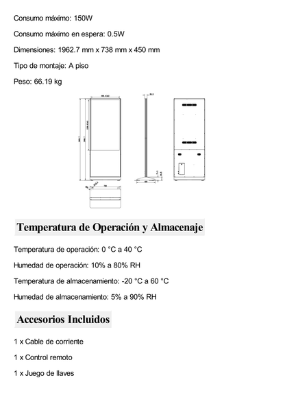 Pantalla de 55" 4K para Publicidad Digital / Base para Piso (Totem) / Puertos USB / Entrada de Video HDMI y VGA /  WiFi / Altavoz Integrada