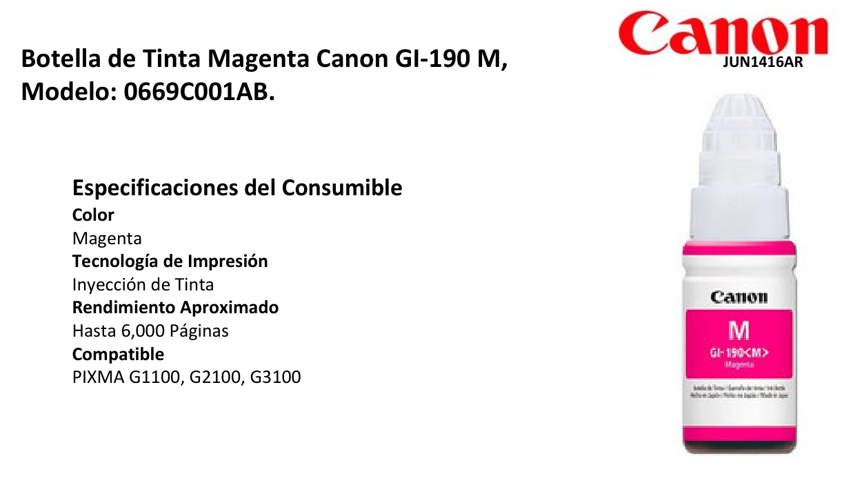 TINTA CANON GI-190 M 0669C001AA MAGENTA BOTE PIXMA G1100/G2100/G3100 (6 000 PAG)