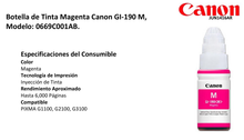 TINTA CANON GI-190 M 0669C001AA MAGENTA BOTE PIXMA G1100/G2100/G3100 (6 000 PAG)