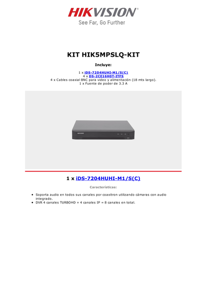 (MICRÓFONO INTEGRADO) KIT TURBOHD 5 Megapixel / DVR 4 Canales / 4 Cámaras Bala con Micrófono Integrado (exterior 2.8 mm) / Fuente de Poder / Accesorios de Instalación