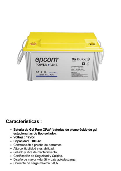 Batería de GEL PURO OPzV / 12 V @ 100 Ah / Ciclo profundo / Uso en Aplicaciones Fotovoltaicas y de Respaldo