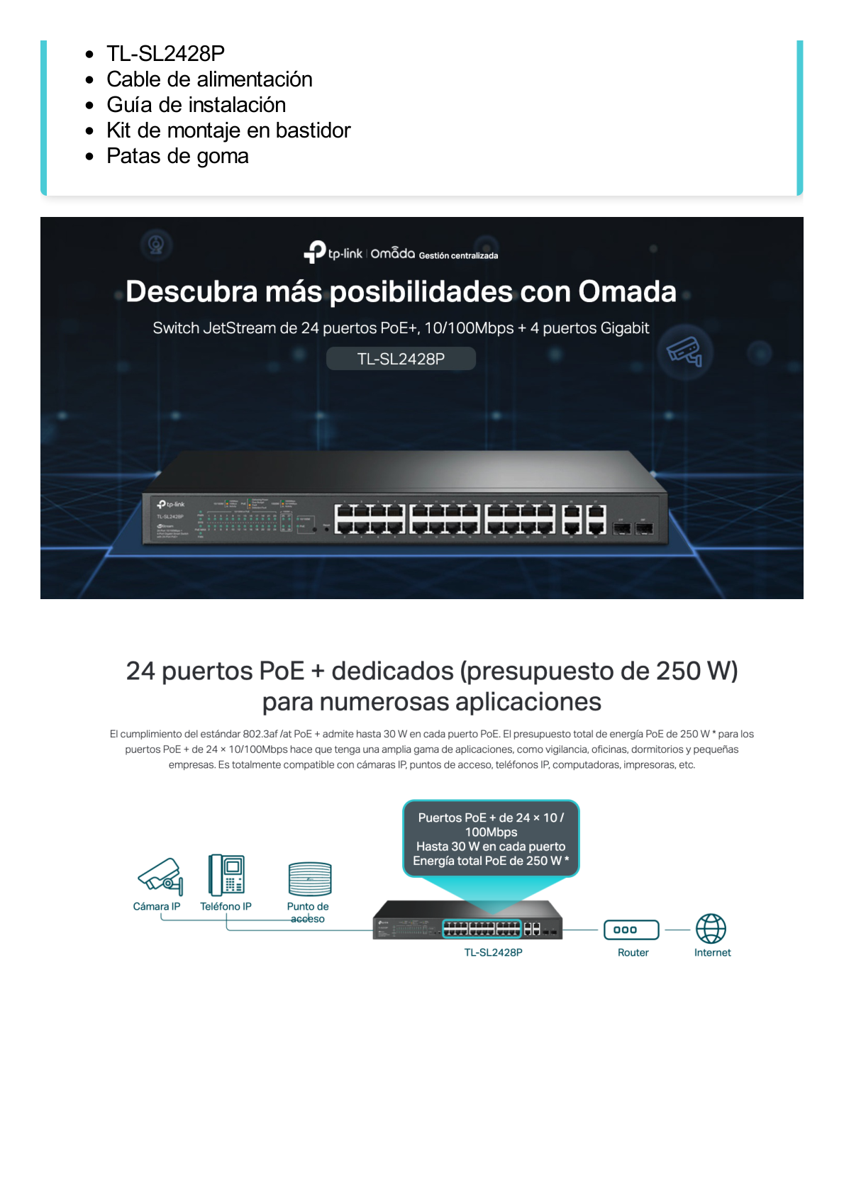 Switch PoE+ JetStream SDN Administrable 24 puertos 10/100 Mbps + 2 puertos 10/100/1000 Mbps (Uplink) + 2 puertos SFP (combo 2 RJ45 10/100/1000 Mbps), 250W, administración centralizada OMADA SDN