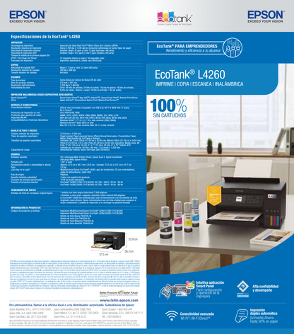 MULTIFUNCIONAL EPSON ECOTANK L4260 TINTA CONTINUA 33PPM NEGRO 15 PPM COLOR A4/CARTA USB 2.0/ WIFI/WIFI DIRECT