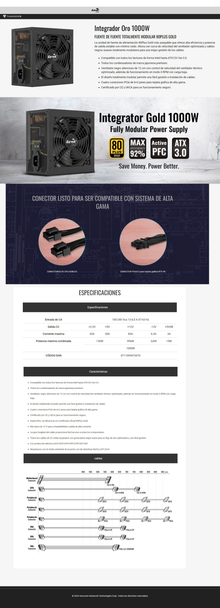 Fuente AeroCool Integrator 1000W 80 Plus Gold Full Modular PCIE 5.0 RGB