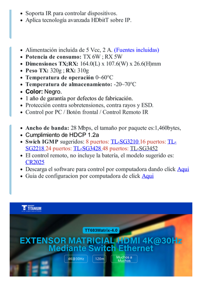 Kit Extensor MATRICIAL HDMI para distancias de 120 metros / Resolución 4K @ 30Hz / Cat6 / Soporta 100 TX de entrada e Ilimitados RX en la salida / Control por PC, Control Remoto y Botón / Compatible con Switch IGMP.