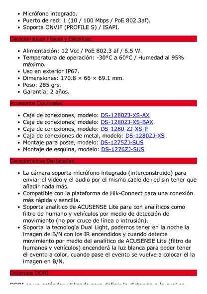 [Dual Light] Bala IP 8 Megapixel (4K) / Lente 2.8 mm / 30 mts IR + 30 mts Luz Blanca / Micrófono Integrado / ACUSENSE Lite / Exterior IP67 / H.265 / PoE / ONVIF / Micro SD